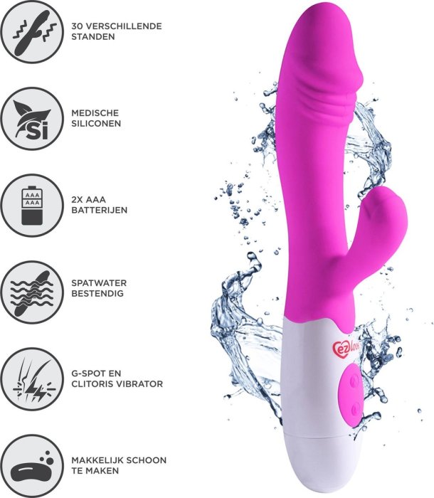 Vibrator Rabbit Silicon Area, Q-Toys, Roz, 10 viteze, 2 Motoare - vedere frontala