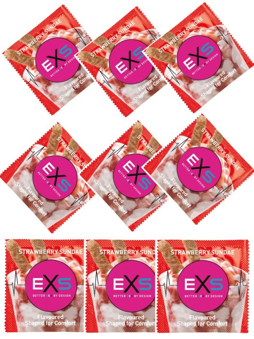 Prezervative cu Aroma si Gust de Capsuni - EXS, Strawberry - detaliu design