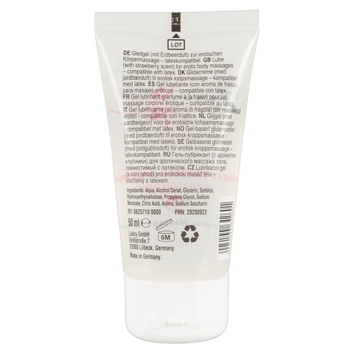 Gel Lubrifiant, Just Play, masaj erotic, aroma Capsuni, 50ml - culoare si material