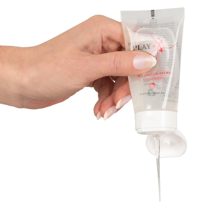 Gel Lubrifiant, Just Play, masaj erotic, aroma Capsuni, 50ml - detaliu design
