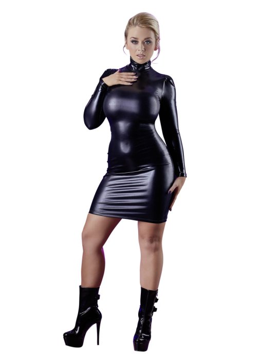 Rochie  Latex Look Soft Touch Cotelli Collection -Negru - accesorii incluse