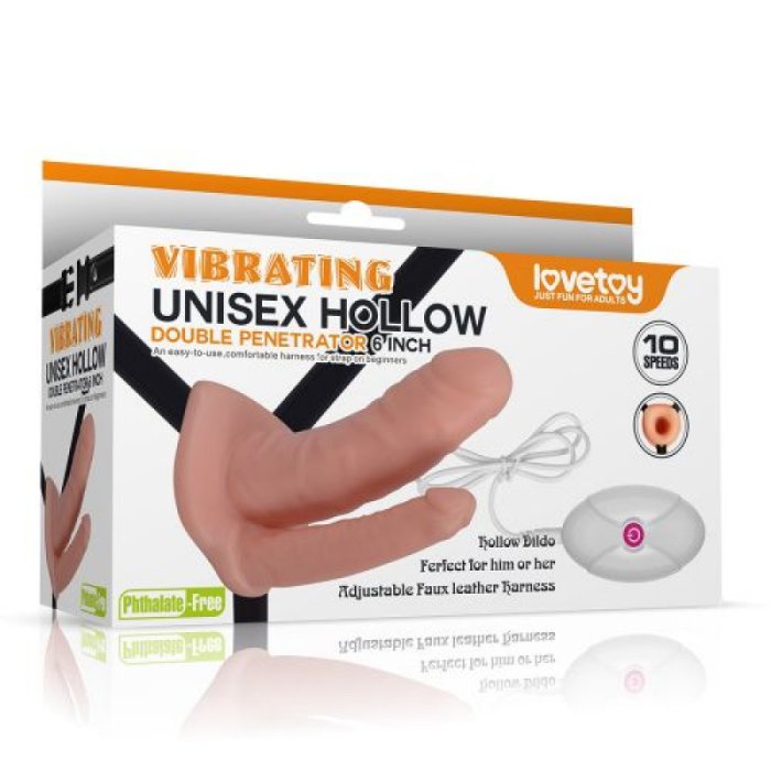 Strap On Dublu cu Vibratatii Lovetoy »Hollow« Natural
