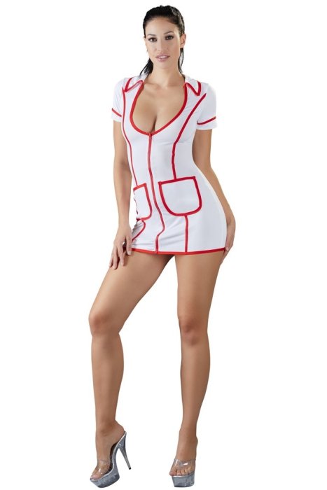 Costumatie Asistenta Medicala, Cottelli Collection, rochie alba cu fermoar rosu#