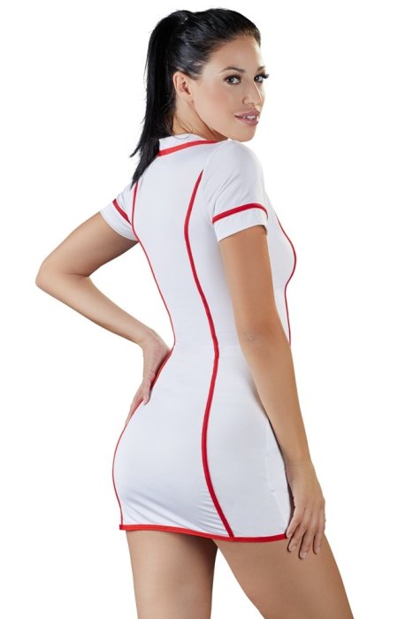 Costumatie Asistenta Medicala, Cottelli Collection, rochie alba cu fermoar rosu#