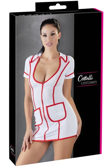 Costumatie Asistenta Medicala, Cottelli Collection, rochie alba cu fermoar rosu#