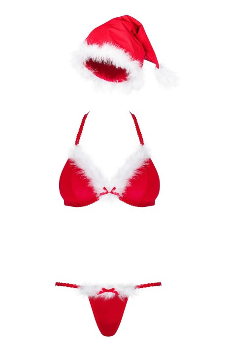 Costum Obsessive, Craciunita, chiloti, sutien, caciulita, rosu cu puf natural alb# - culoare si material