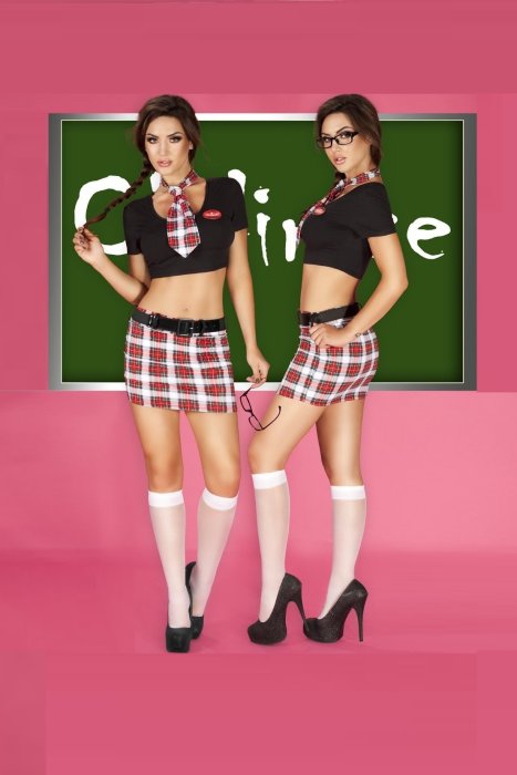 Costum Studenta, Chilirose, cravata, top, fusta, ochelari, centura, chiloti si ciorapi# - dimensiuni complete