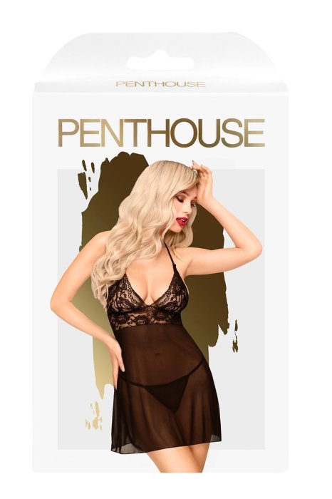 Babydoll Penthouse, cu chilotei tip string, Bedtime Story, Negru# - culoare si material
