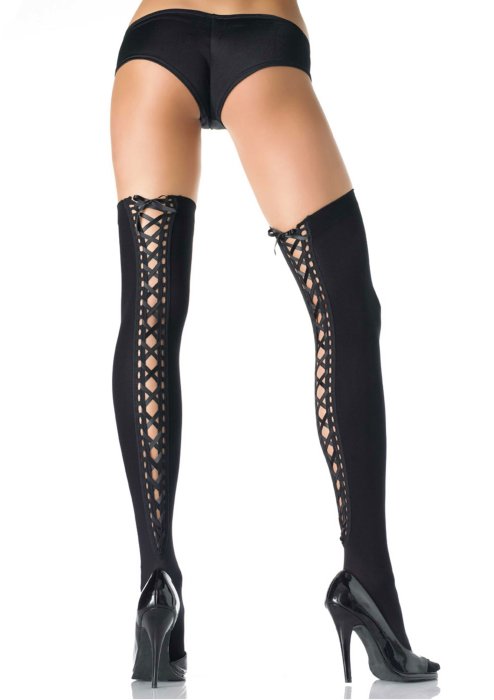 Ciorapi negri cu siret, Opaque Thigh Highs, Leg Avenue# - vedere frontala