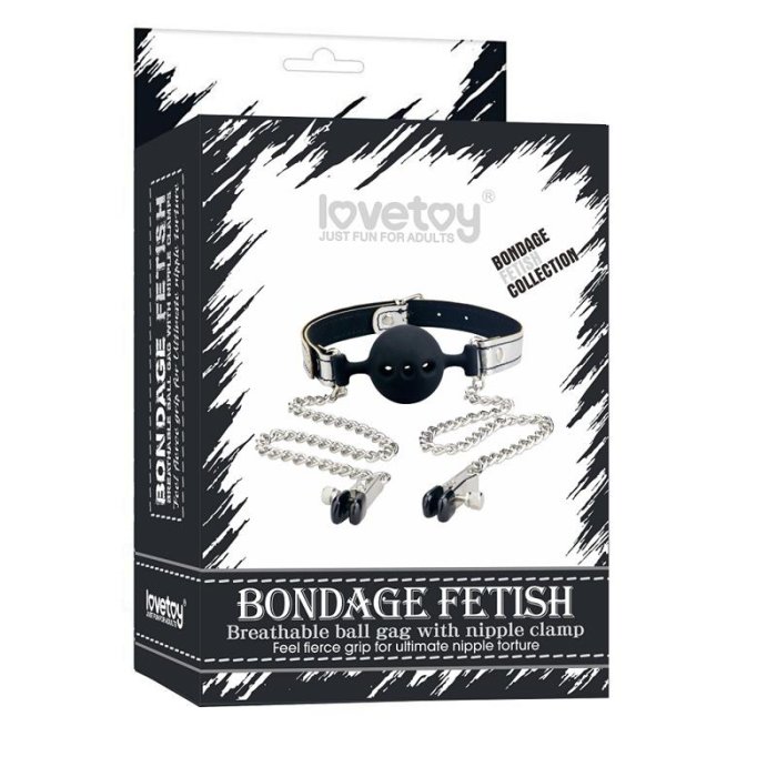 Set Bondage, Lovetoy, Breathable Ball Gag Nipple Clamp, metal, piele, silicon - vedere frontala