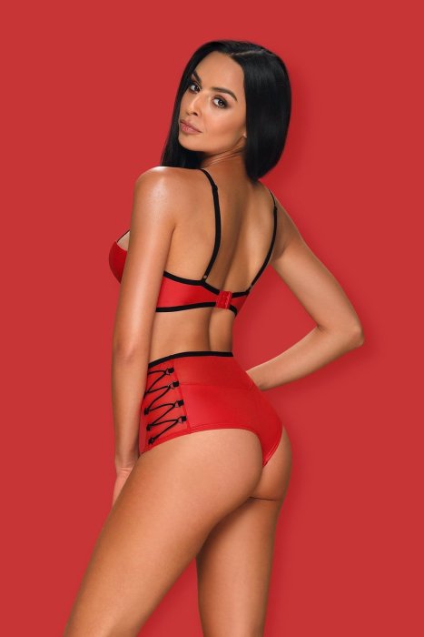 Set sutien si pantaloni scurti, Obsessive, Leatheria Wetlook, model cu siret, rosu# - detaliu finisaj