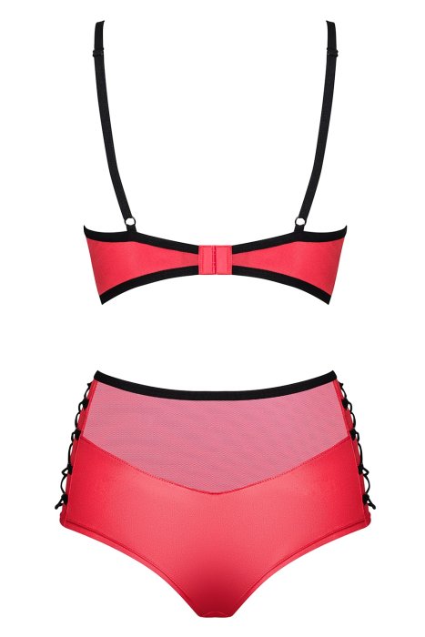 Set sutien si pantaloni scurti, Obsessive, Leatheria Wetlook, model cu siret, rosu# - dimensiuni complete