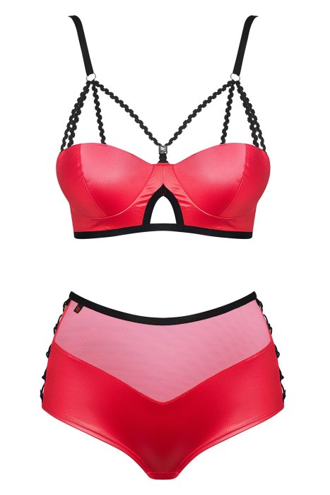 Set sutien si pantaloni scurti, Obsessive, Leatheria Wetlook, model cu siret, rosu# - culoare si material