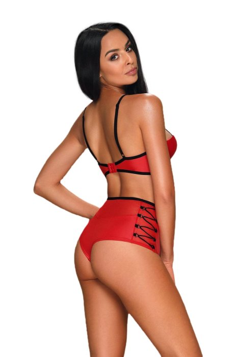 Set sutien si pantaloni scurti, Obsessive, Leatheria Wetlook, model cu siret, rosu# - detaliu design