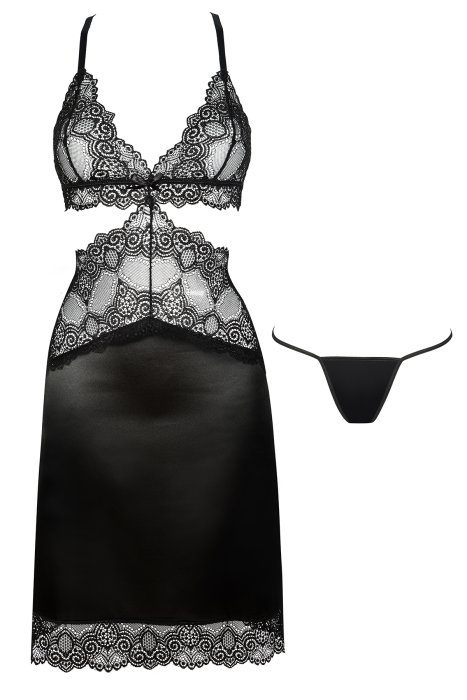 Set Lenjerie Sexy, neglije, dantela neagra, satin, Beauty Night, Adelaide# - detaliu finisaj