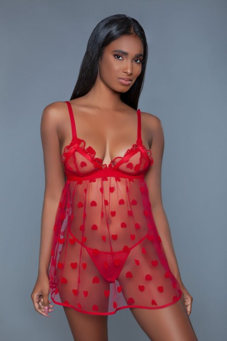 Set Valentina Babydoll si Bikini Be Wicked - Rosu - detaliu design