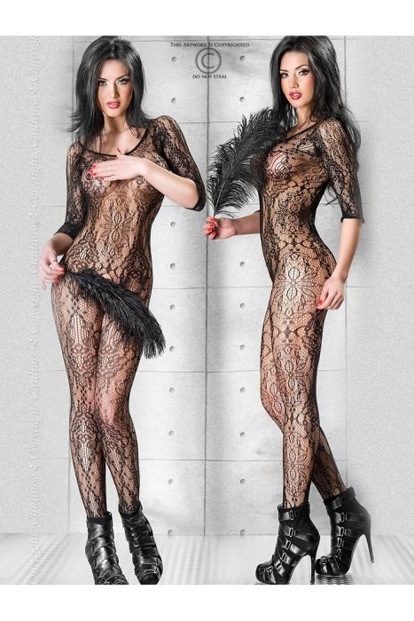 Bodystocking sexy CR3234, Negru, Model Floral, Chilirose# - vedere frontala