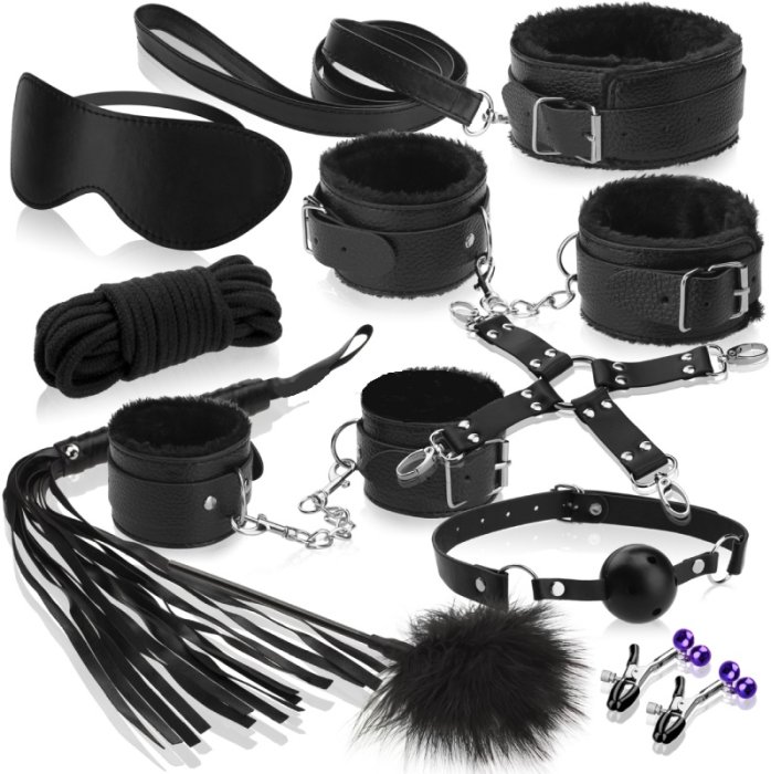 Set Bondage Erotica Fetish Art, Piele Neagra cu plus, 12 piese - vedere frontala