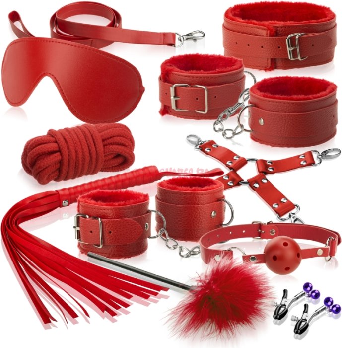Set Bondage Erotica Fetish Art, Piele Rosie cu plus, 12 piese - vedere frontala