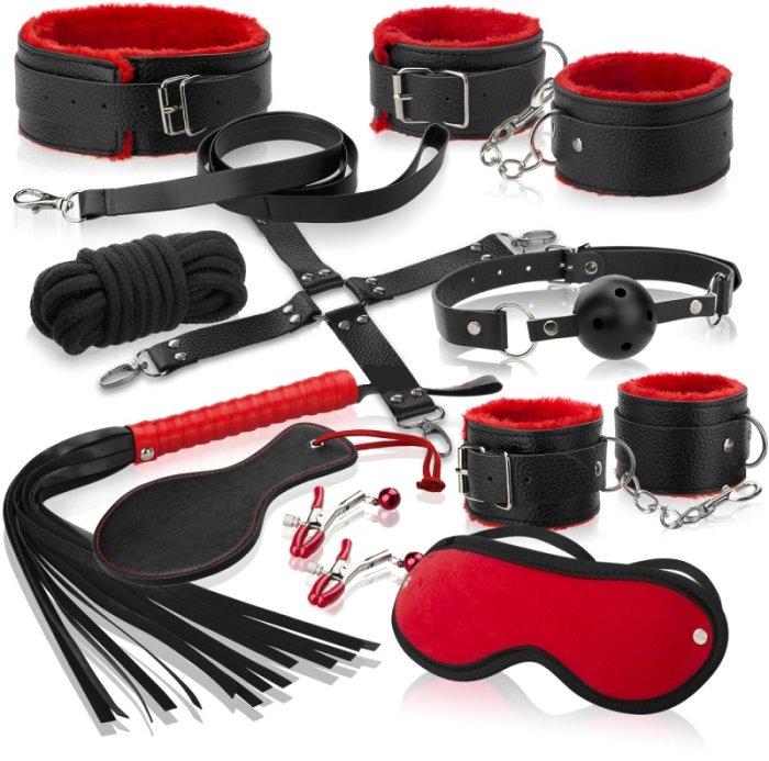 Set Bondage Erotica Fetish Art, Piele Rosie si Neagra cu plus, 14 piese - vedere frontala