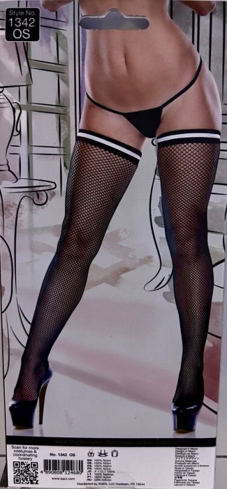 Ciorapi, Baci, Bow Top Fishnet Thigh High, elastici, negru/alb, One Size EU# - detaliu finisaj