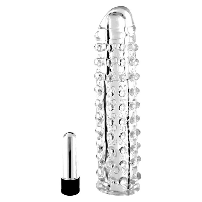 Set Prelungitor Penis cu Striatii Stimulatoare si Vibrator Glont "Seven Creations" 17 cm - vedere frontala