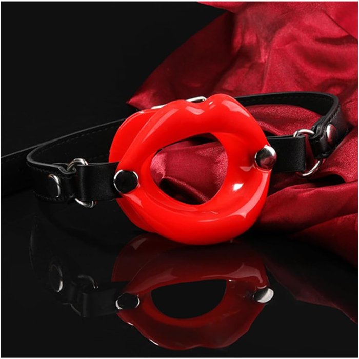 KINK Horse Gag Submissive rosu vedere laterala curele piele ecologica negru silicon rosu