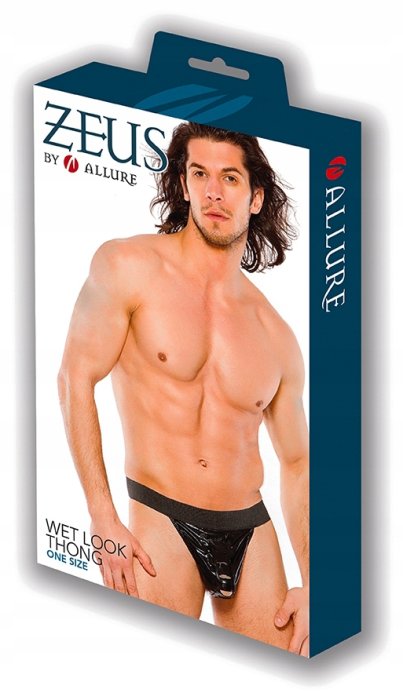 Chiloti tanga barbati,Zeus Wet Look Thong Black, S-L, Allure Lingerie