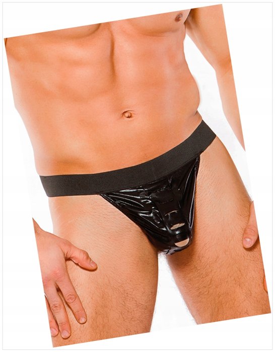 Chiloti tanga barbati,Zeus Wet Look Thong Black, S-L, Allure Lingerie