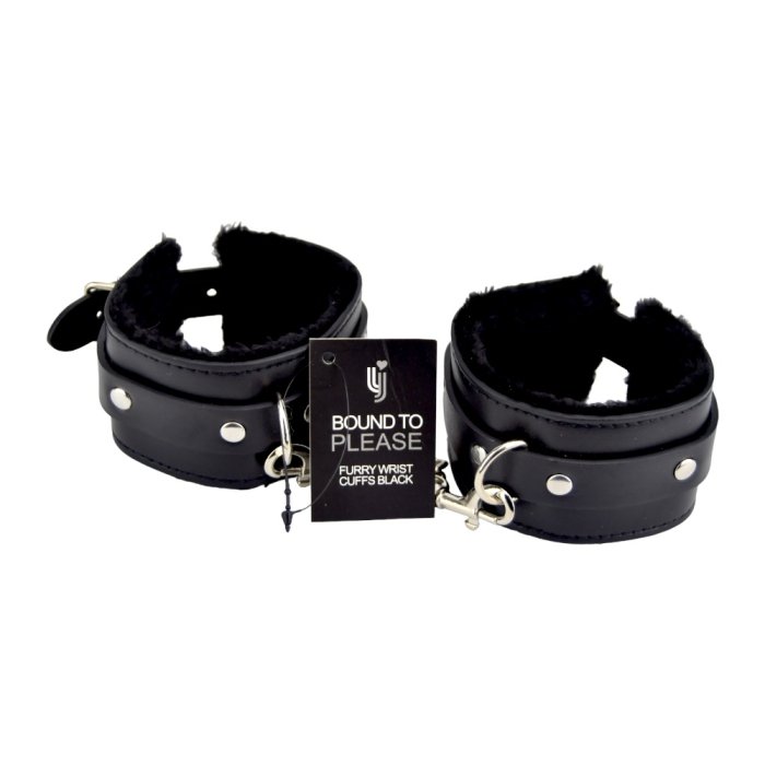 Catuse cu blanita, Bound to Please, Furry Plush Wrist Cuffs, Negru#