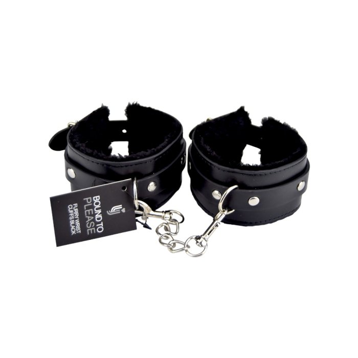 Catuse cu blanita, Bound to Please, Furry Plush Wrist Cuffs, Negru