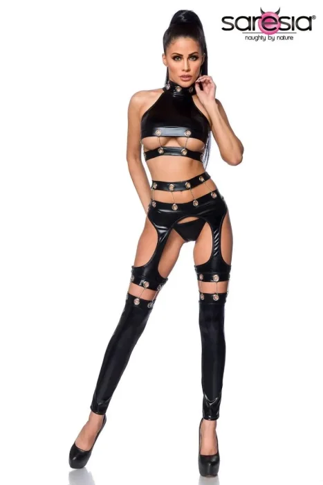 Set Pantaloni si Top Latex Look Combination 15 Saresia - Negru