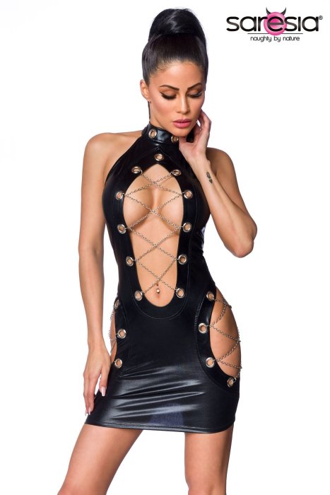 Rochie Mini Sexy cu Aspect Wetlook Saresia - Negru