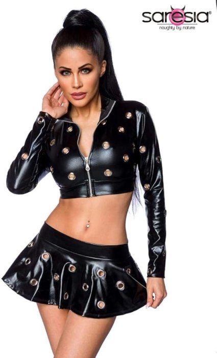 Set Jacheta si Fusta cu Decupaje Wetlook Saresia - Negru