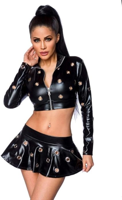 Set Jacheta si Fusta cu Decupaje Wetlook Saresia - Negru