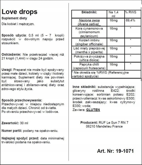 Afrodisiac Unisex RUF "Love Drops" 20 ml - dimensiuni complete