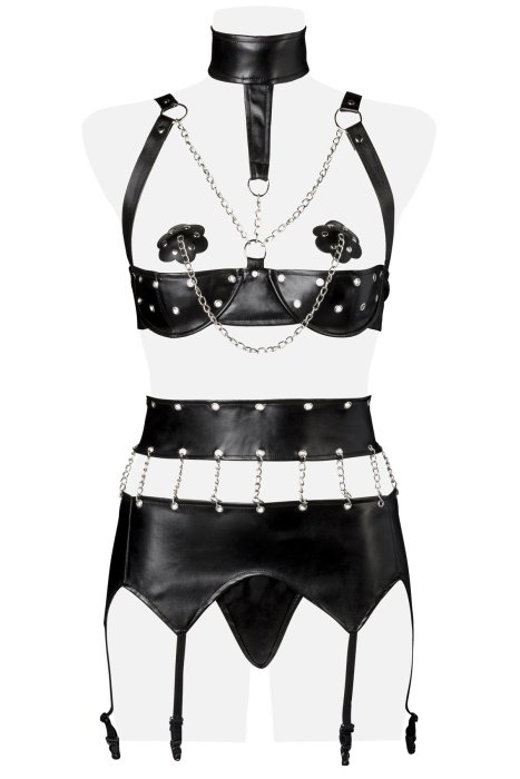 Set sexy 4 piese Grey Velvet – body cu lanturi, portjartier si tanga - vedere spate