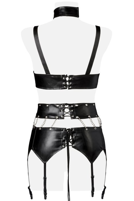 Set sexy 4 piese Grey Velvet – body cu lanturi, portjartier si tanga - detaliu ambalaj