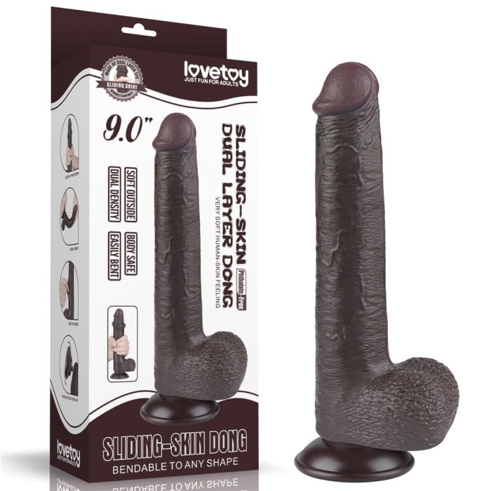 Dildo realist 23 cm Sliding-Skin Dual Layer – Negru, TPE dublu strat, piele glisanta, ventuza detasabila
