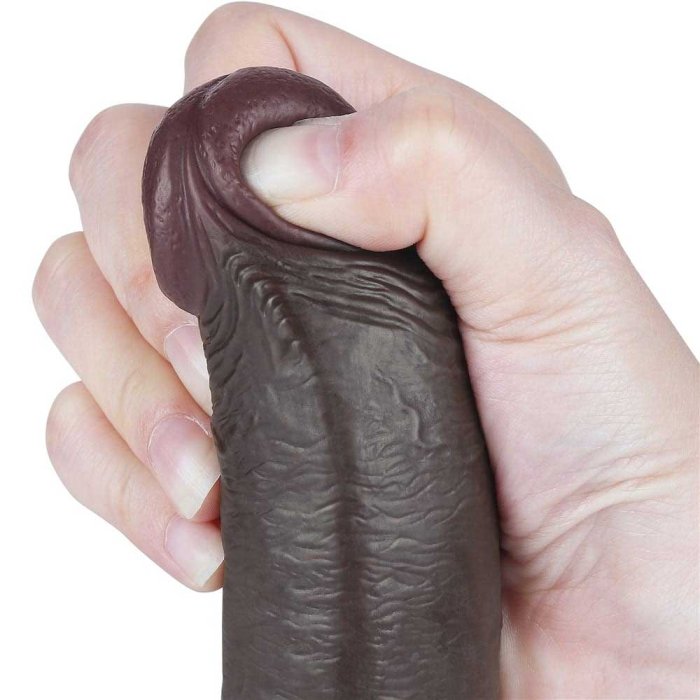 Dildo realist 23 cm Sliding-Skin Dual Layer – Negru, TPE dublu strat, piele glisanta, ventuza detasabila