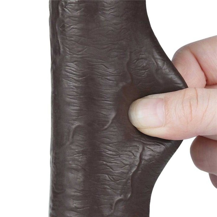 Dildo realist 23 cm Sliding-Skin Dual Layer – Negru, TPE dublu strat, piele glisanta, ventuza detasabila
