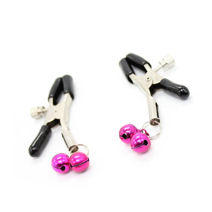 Cleme Metalice pentru mameloane - OhMama Fetish - Nipple Clamps - clopotei roz - vedere frontala