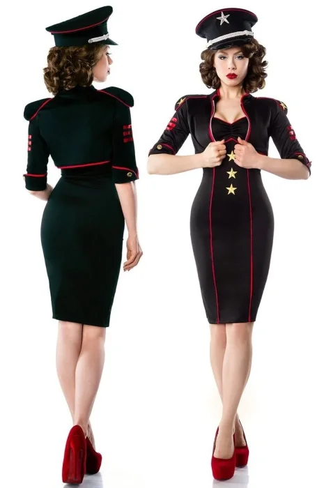 Saresia Military Dress cu jacheta – Rochie mini neagra cu detalii rosii si epoleți decorativi