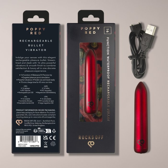 Vibrator RO 90, Rocks-Off, Glont Reincarcabil USB, Poppy Red, 16 Vibratii