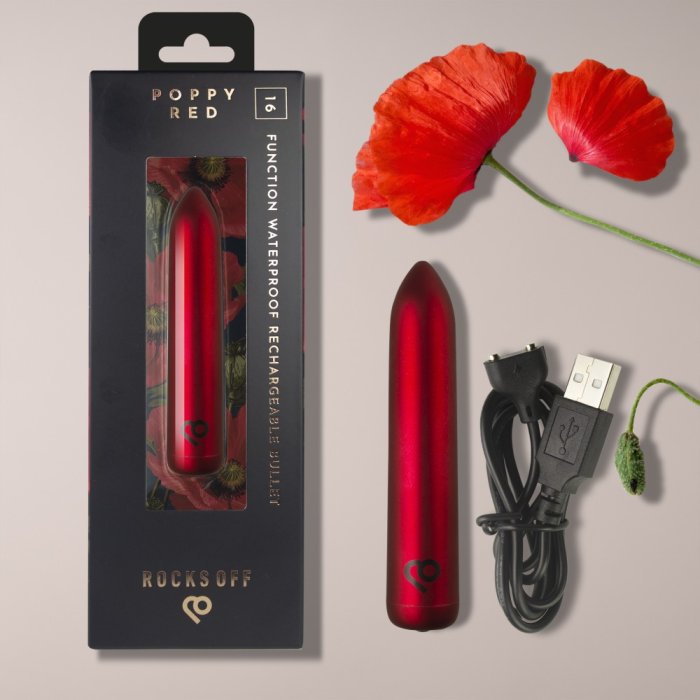 Vibrator RO 90, Rocks-Off, Glont Reincarcabil USB, Poppy Red, 16 Vibratii