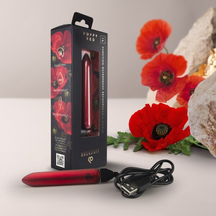 Vibrator RO 90, Rocks-Off, Glont Reincarcabil USB, Poppy Red, 16 Vibratii