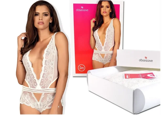 Body din dantelă albă cu pantaloni scurți Obsessive
