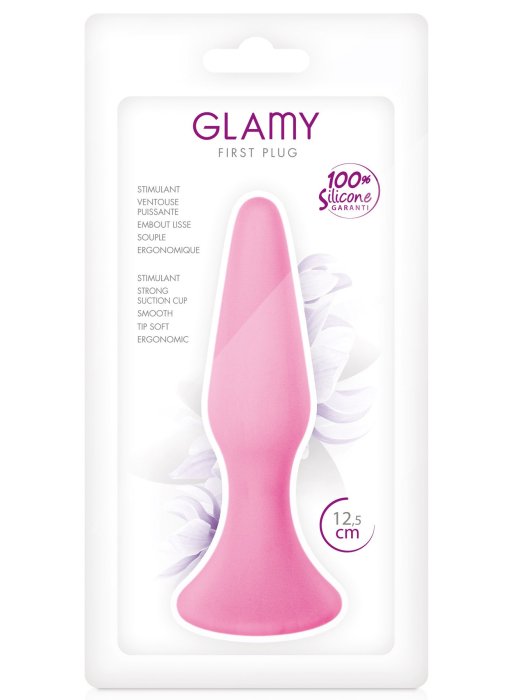 First Plug, dop anal cu ventuza din silicon, Glamy, Roz, Mediu, 12,5cm