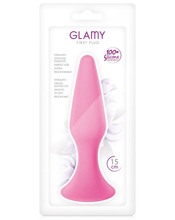 First Plug, dop anal cu ventuza din silicon, Glamy, Roz, Large, 15cm
