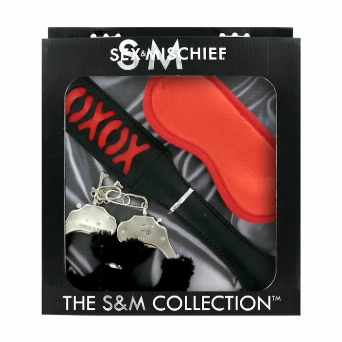 Set BDSM Sex&Mischief, accesorii cu catuse cu blanita, masca satinata rosie, imprimeu XOXO - Sweet Punishment Kit
